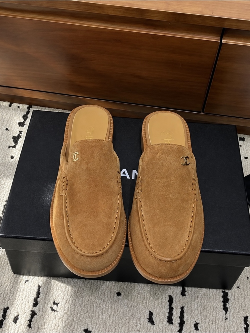 CHANEL Suede Mule Loafers in Tan Brown with CC Hardware